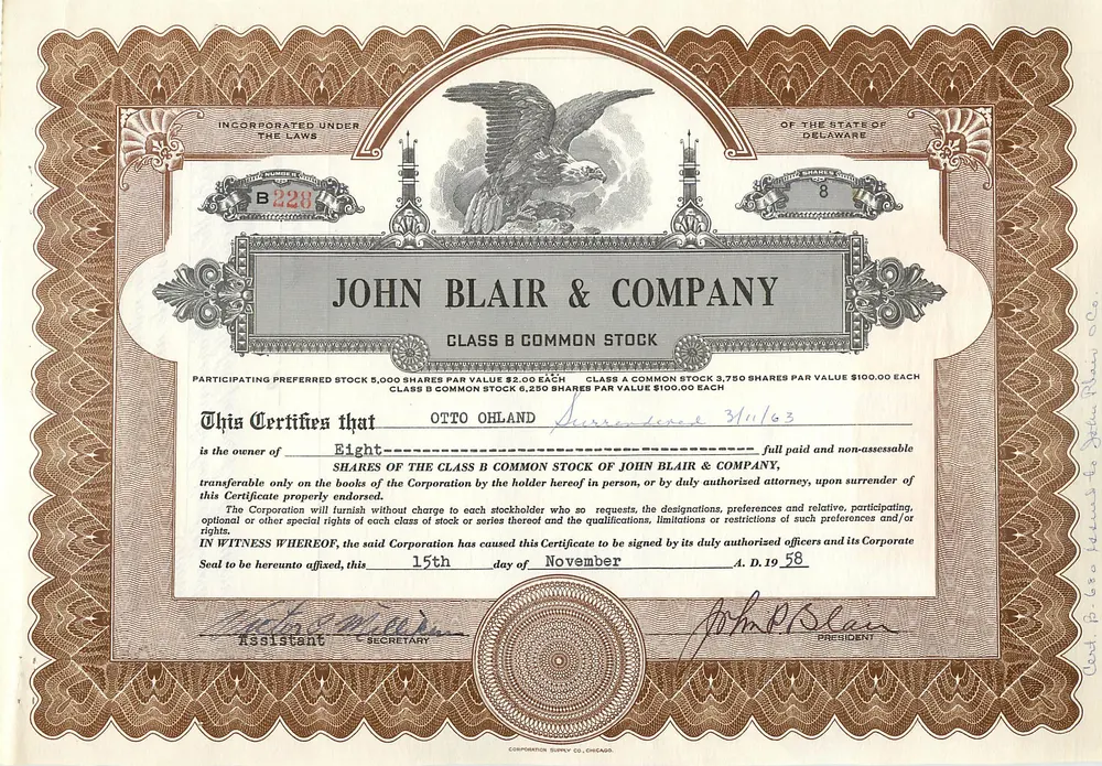 Certificado de ações da empresa John Blair & Company — Otto Ohland — 15 de novembro de 1958 - Frente