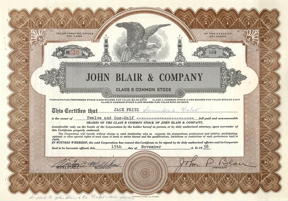 Ação de participação da sociedade John Blair & Company — ação de classe B — editor Corporation Survy Co., Chicago - Frente