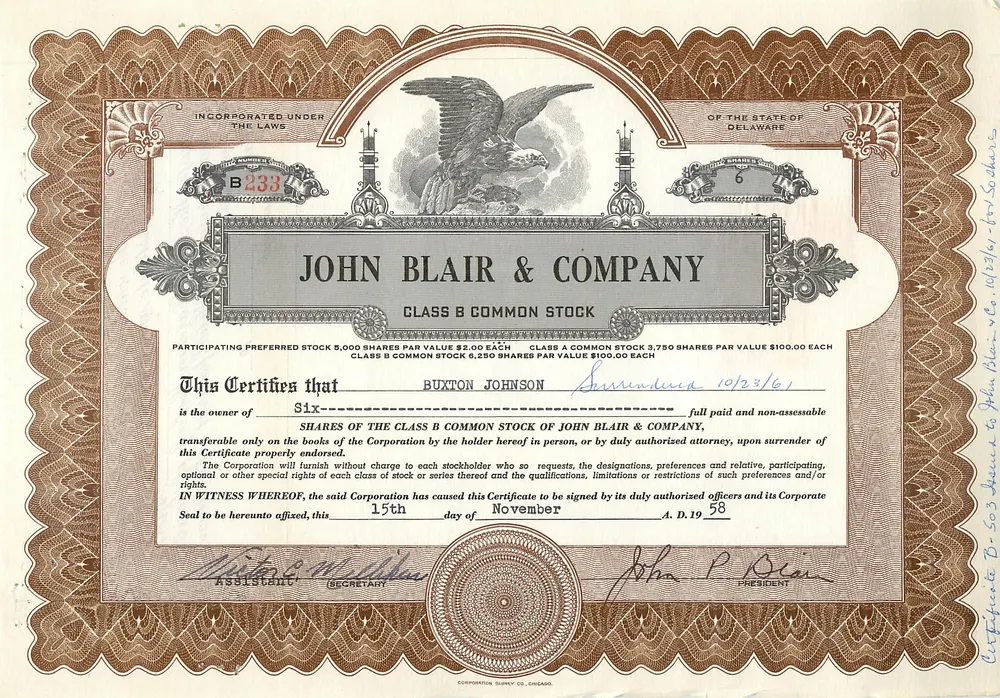 Certificado de ações da empresa John Blair & Company — Delaware — n° B233 - Frente