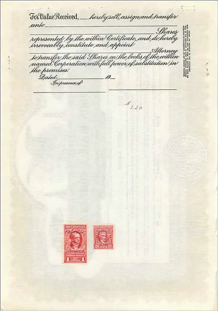 Certificado de ações da empresa John Blair & Company — Delaware — n° B233 - Verso