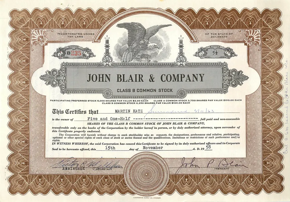 Certificado de ações da empresa John Blair & Company — Delaware — n° B235 - Frente