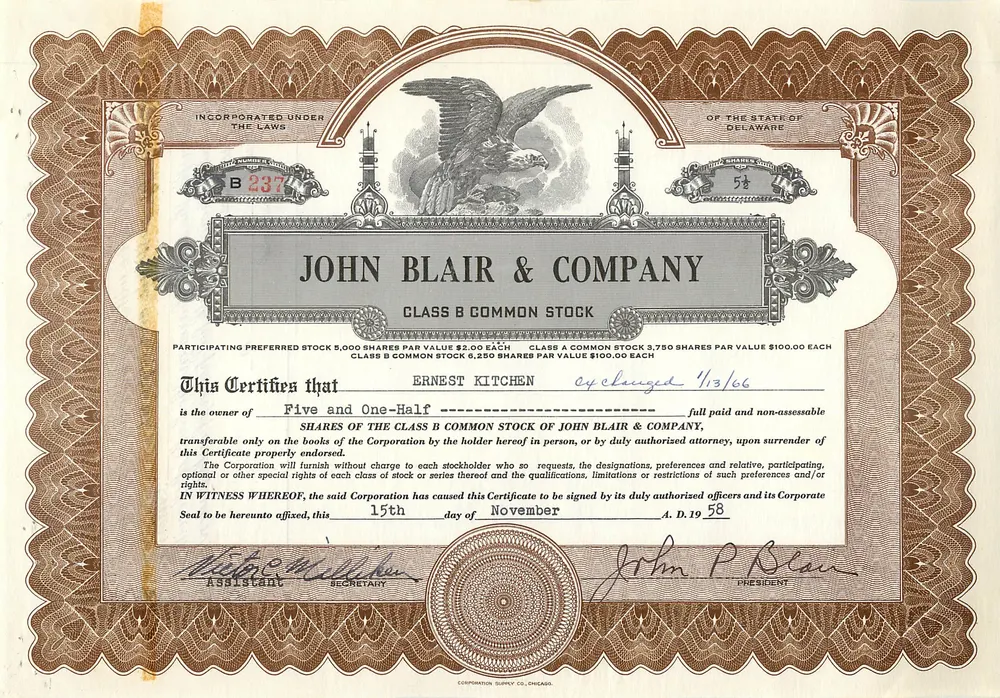 Certificado de ações da empresa John Blair & Company — Delaware — n° B237 - Frente