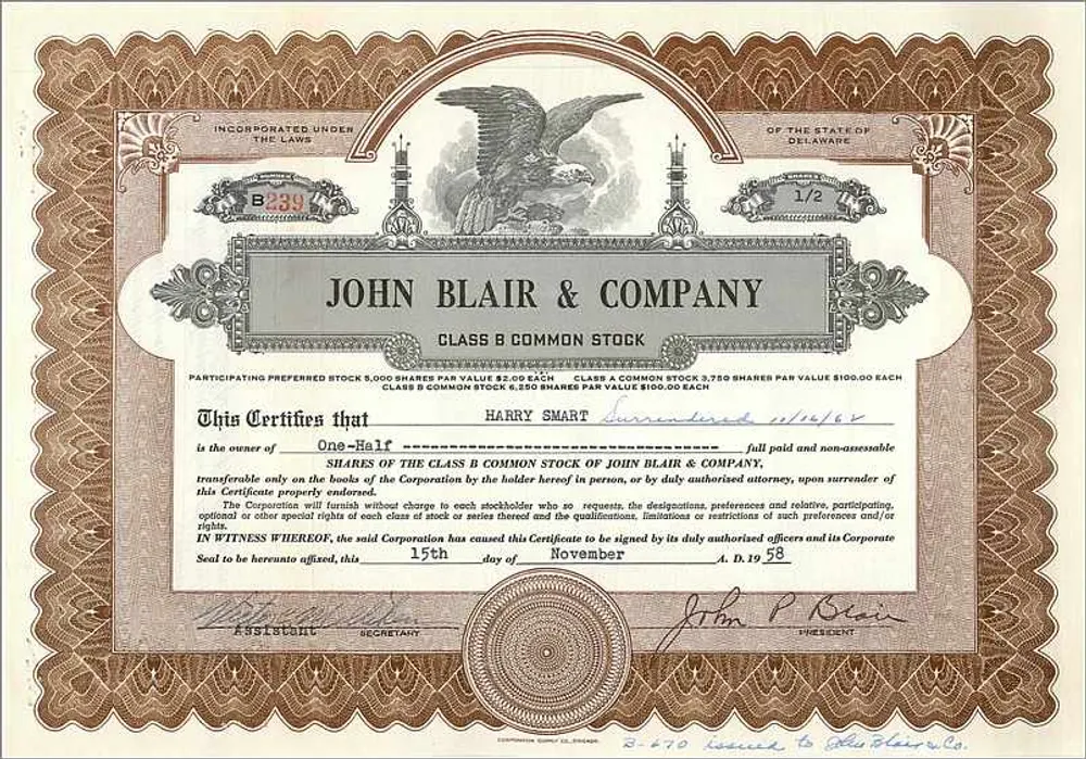 Certificado de acciones de John Blair & Company — Harry Smart — Delaware - Anverso