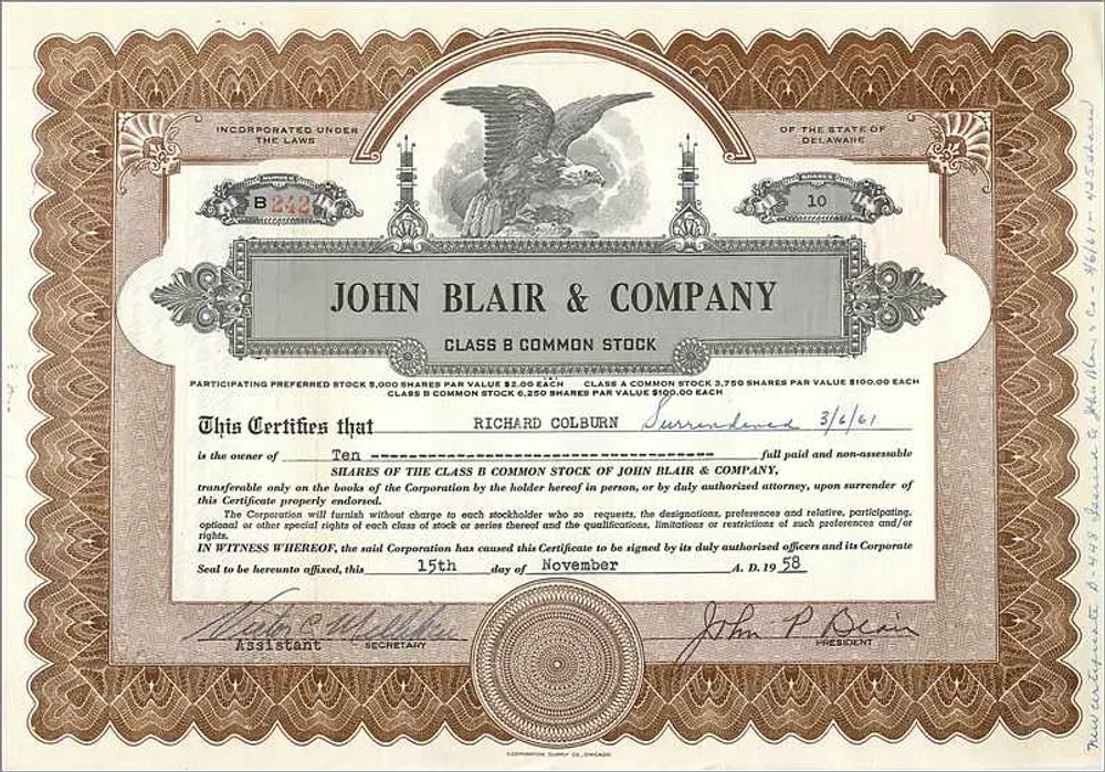 Certificado de acciones de John Blair & Company — Clase B — editor no visible - Anverso