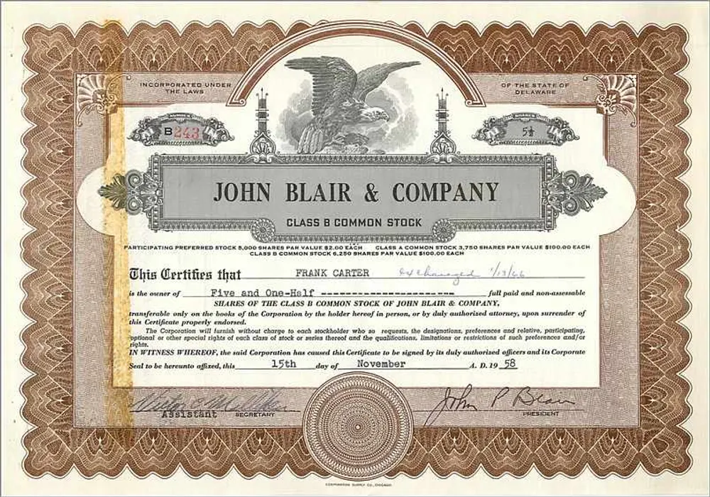 Acción de la sociedad John Blair & Company — acción de clase B — editor Commercial Supply Co. (Delaware) - Anverso