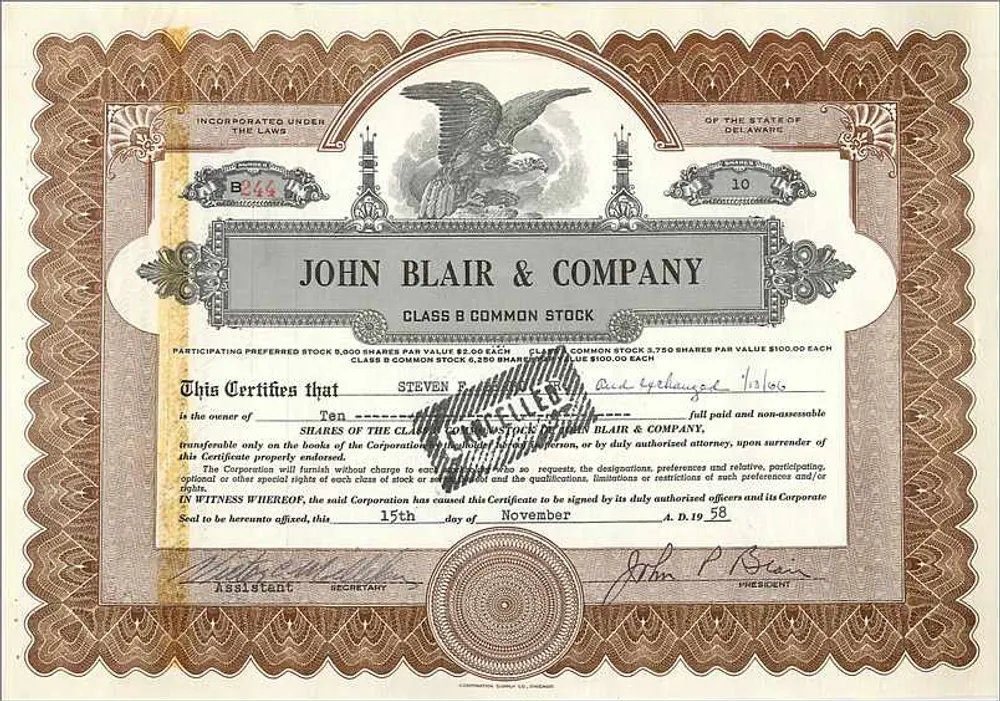 Certificado de acciones de John Blair & Company — Delaware — n° B244 - Anverso