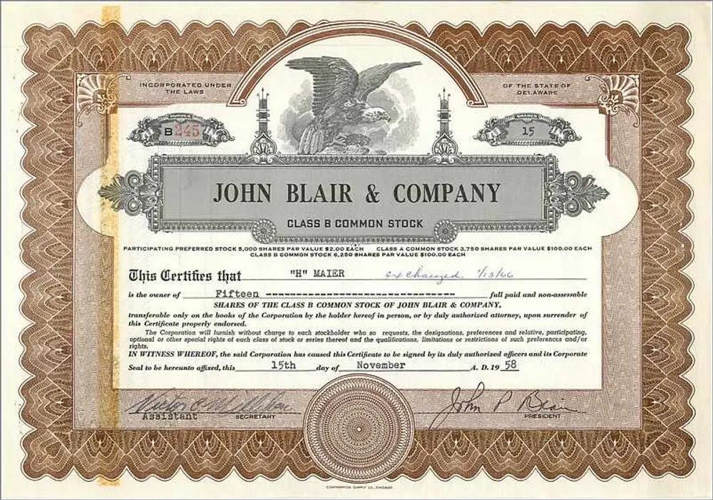 Certificado de acciones de la sociedad John Blair & Company — Clase B — emitido en Chicago - Anverso