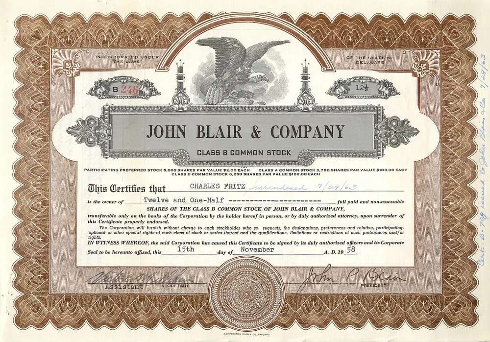 Certificado de ações da John Blair & Company — Classe B — editor Corporation Supply Co. Chicago - Frente