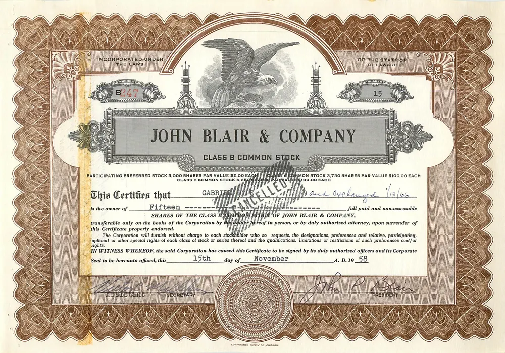 Certificado de ações da empresa John Blair & Company — Delaware — n° B247 - Frente