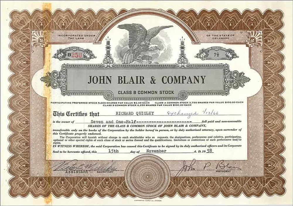Participación de la empresa John Blair & Company — Delaware — n° B250 - Anverso