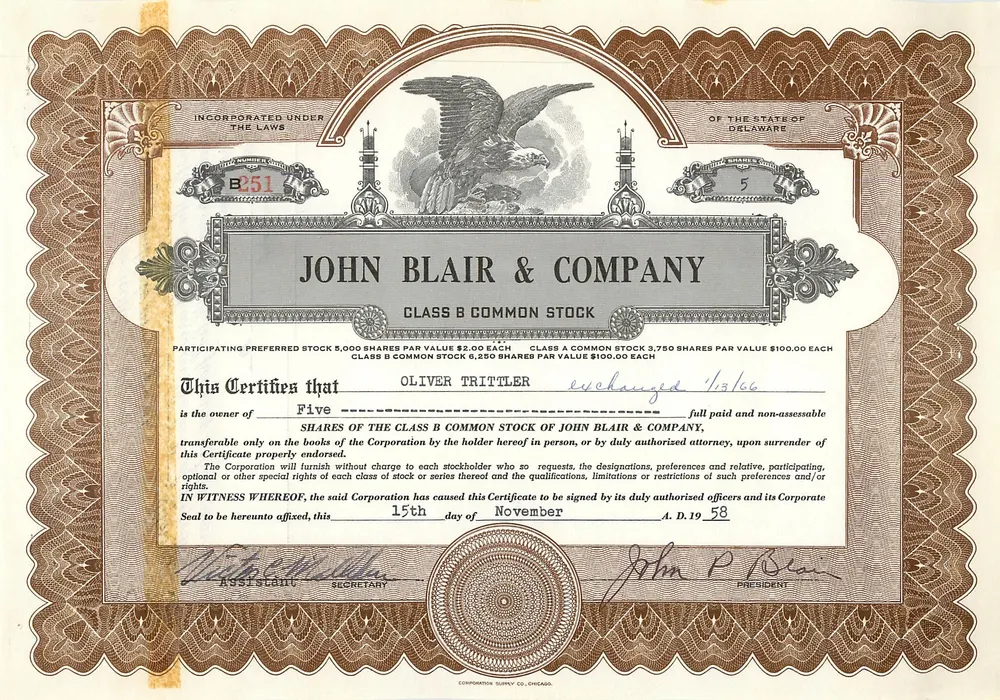 Certificato di azioni della società John Blair & Company — Classe B — editore Corporate Supply Co. Chicago - Recto