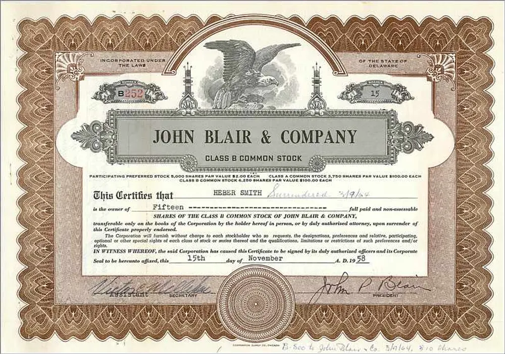 Ação de participação de John Blair & Company — 15 ações da classe B — editor não visível, número de série B352 - Frente