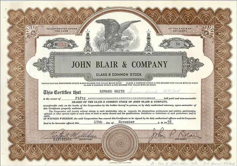 John Blair & Company — Acción de la clase B — editor: John Blair & Co. - Anverso