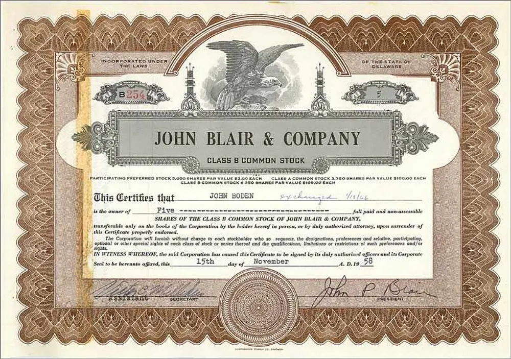Certificado de ações de John Blair & Company — Delaware — n° B254 - Frente