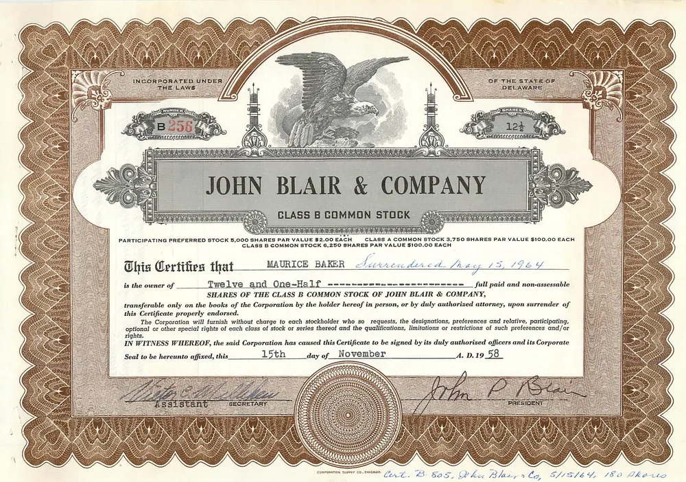 Ação da sociedade John Blair & Company — ação da classe B — editor Corporation Supply Co. Chicago, n° B256 - Frente