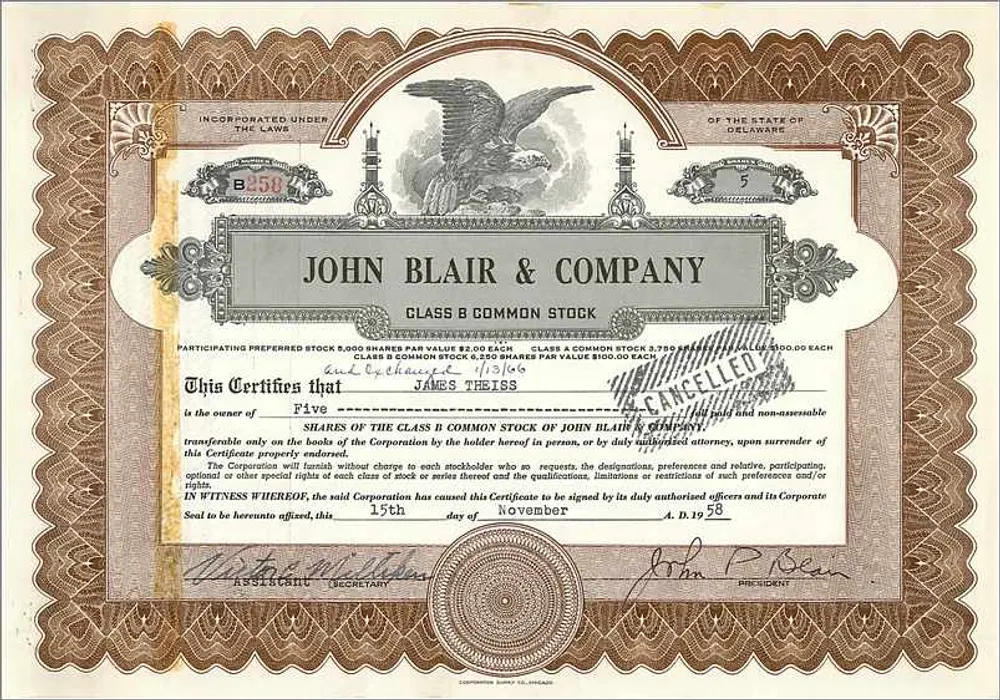 Ação da empresa John Blair & Company — Ação da classe B — Cachete 'CANCELLED' — Série B250 - Frente