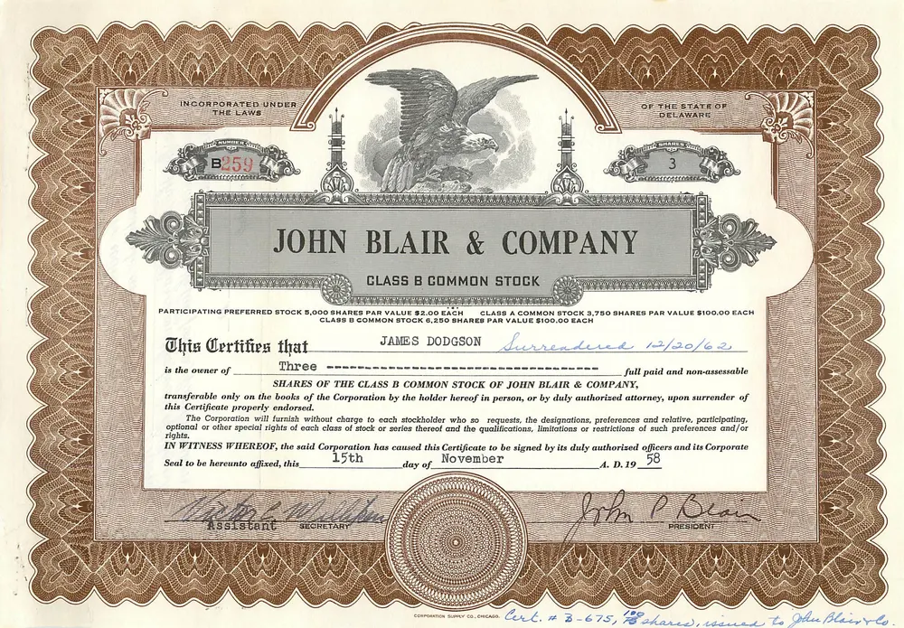 Certificado de ações da John Blair & Company — Classe B — editor Corporation Co. Chicago, n° 3-675 - Frente