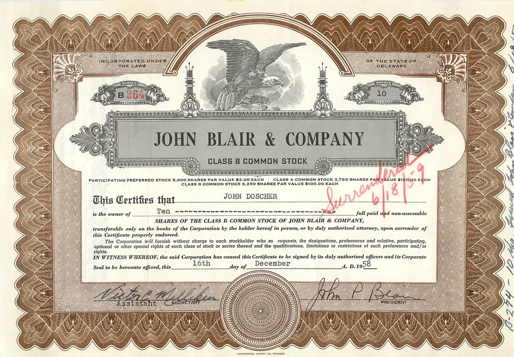 Ação da empresa John Blair & Company — ação da classe B — editor Corporation Supply Co. Chicago - Frente