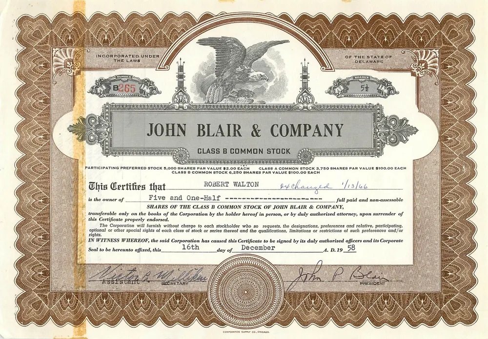 Certificado de ações da John Blair & Company — Delaware — n° B265 - Frente