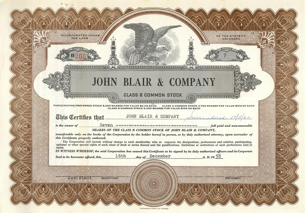 John Blair & Company — Ação da classe B — Corporação incorporada sob as leis do Estado do Delaware — N° B266 - Frente