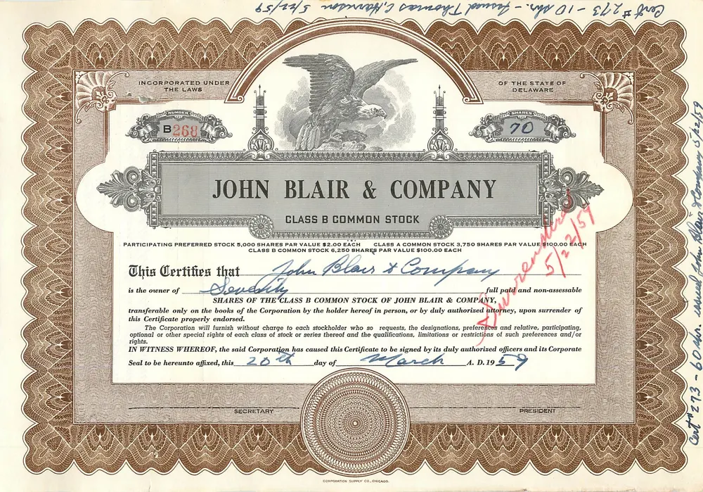 Certificado de ações da empresa John Blair & Company — Delaware — n° B268 - Frente