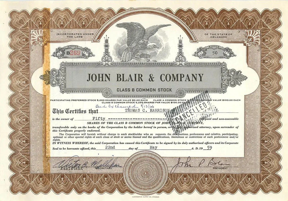 Certificado de acciones de la sociedad John Blair & Company — serie B — 50 acciones — editor Corporation Supply Co. Chicago - Anverso