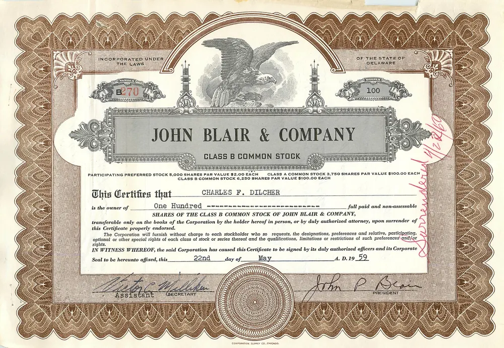 Ação da empresa John Blair & Company — ação da classe B — editora Corporation Co. Chicago, n° B270 - Frente