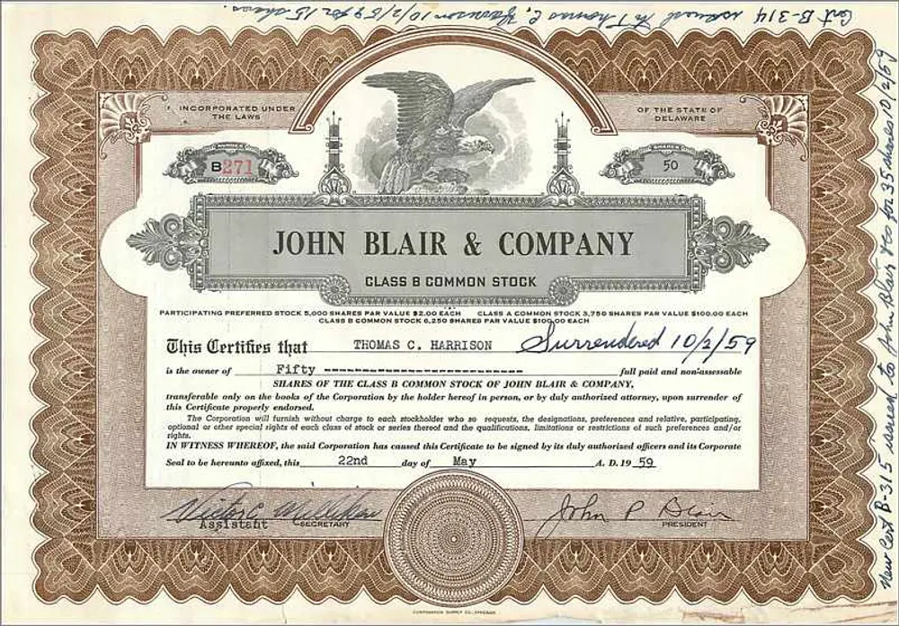 Ação de transferência de ações da empresa John Blair & Company — editor Corporation Supply Co., n° B-371 - Frente