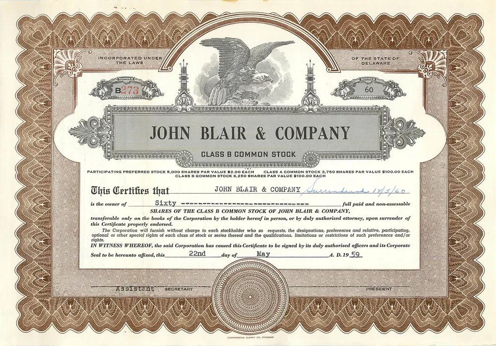 John Blair & Company — Ação da classe B — editor Corporation Supply Co. (Oklahoma) - Frente
