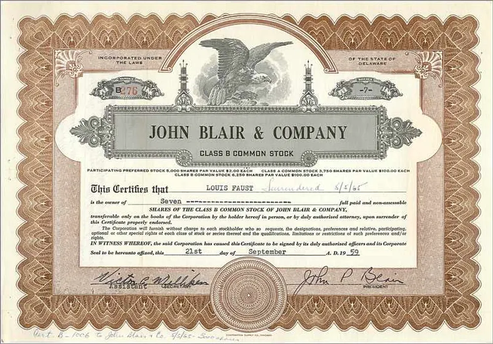 Certificado de partes da John Blair & Company — Louis Faust — Delaware - Frente