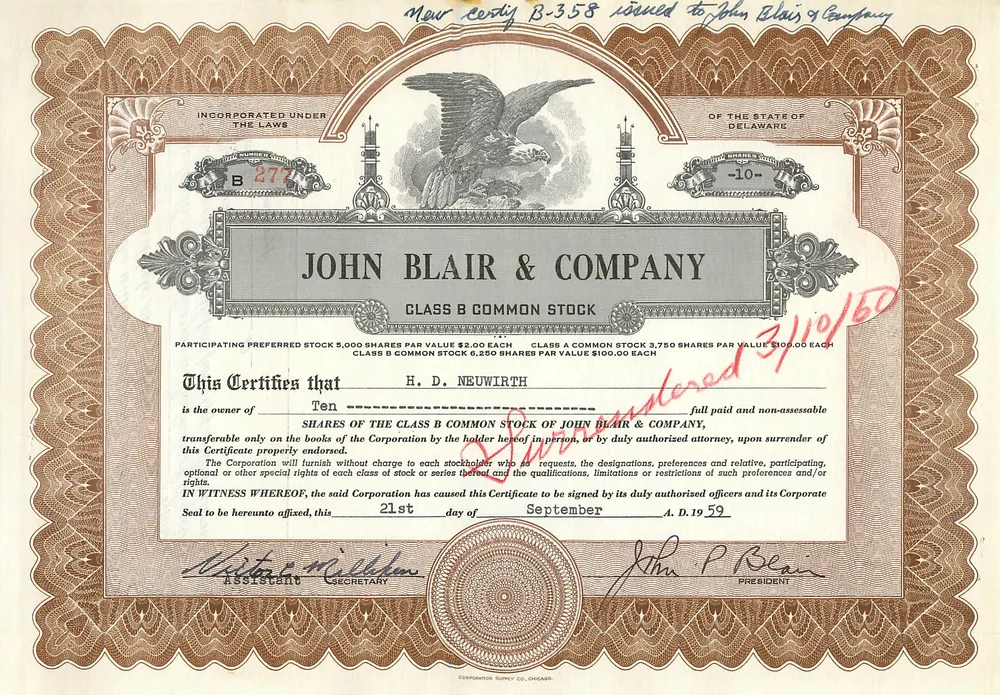 Ação da empresa John Blair & Company — certificado de 10 ações da classe B — editor: Company Supply Co. Chicago - Frente