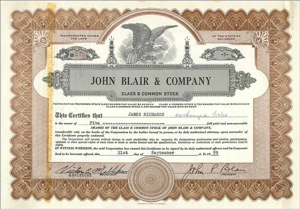 Certificato di quote della società John Blair & Company — Delaware — n° B 278 - Recto