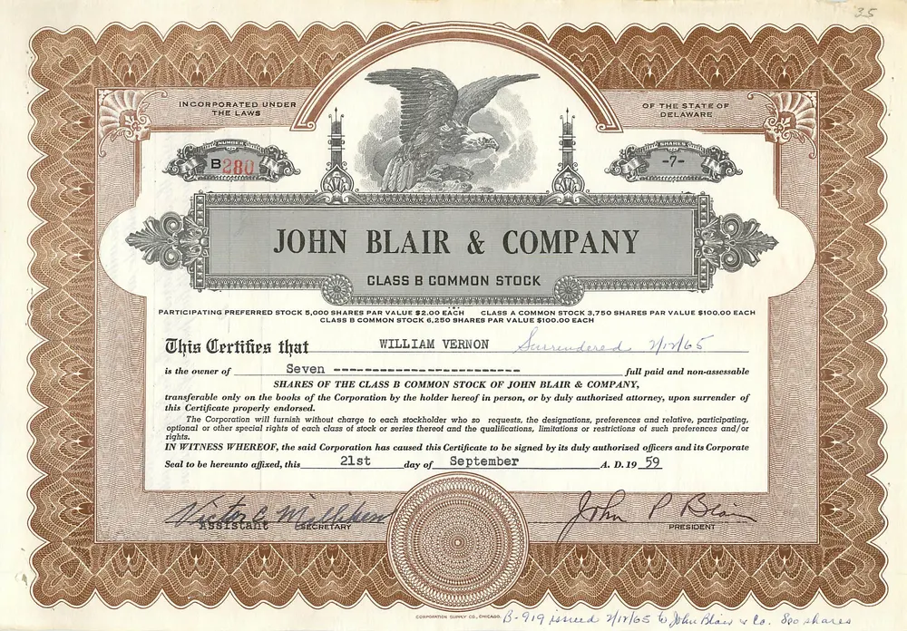 Certificado de acciones de la sociedad John Blair & Company — Delaware — serie B280 - Anverso