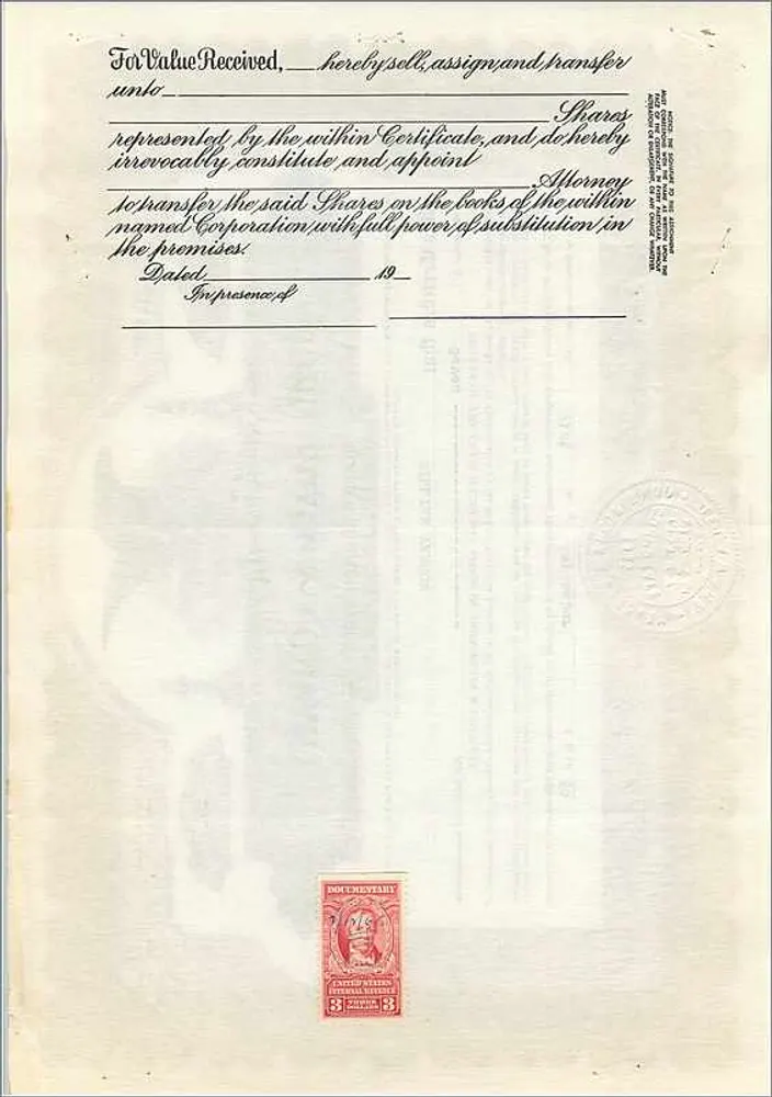 Certificado de acciones de la sociedad John Blair & Company — Delaware — serie B280 - Reverso