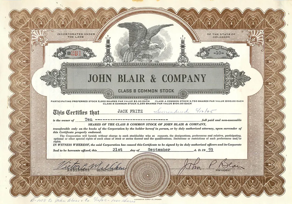 Certificado de acciones de la sociedad John Blair & Company — Clase B — editor Corporation Co. Chicago - Anverso
