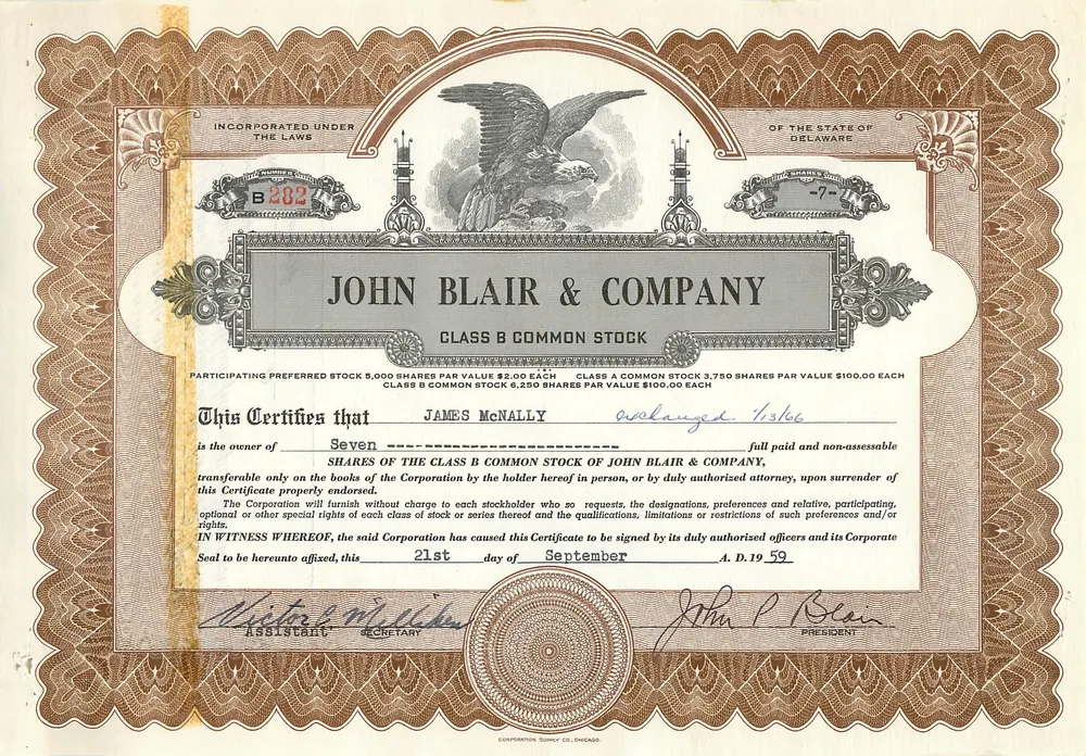 John Blair & Company — Certificado de 7 acciones de clase B — Corporation Co. de Ohio - Anverso
