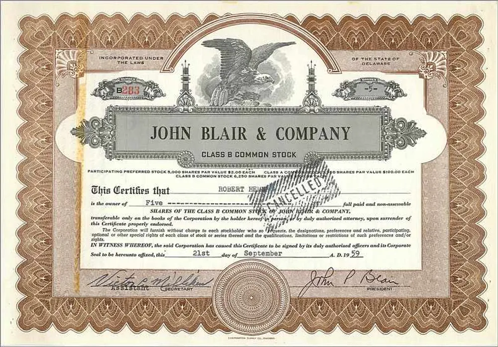 Acción de la sociedad John Blair & Company — Delaware — serie B283 - Anverso