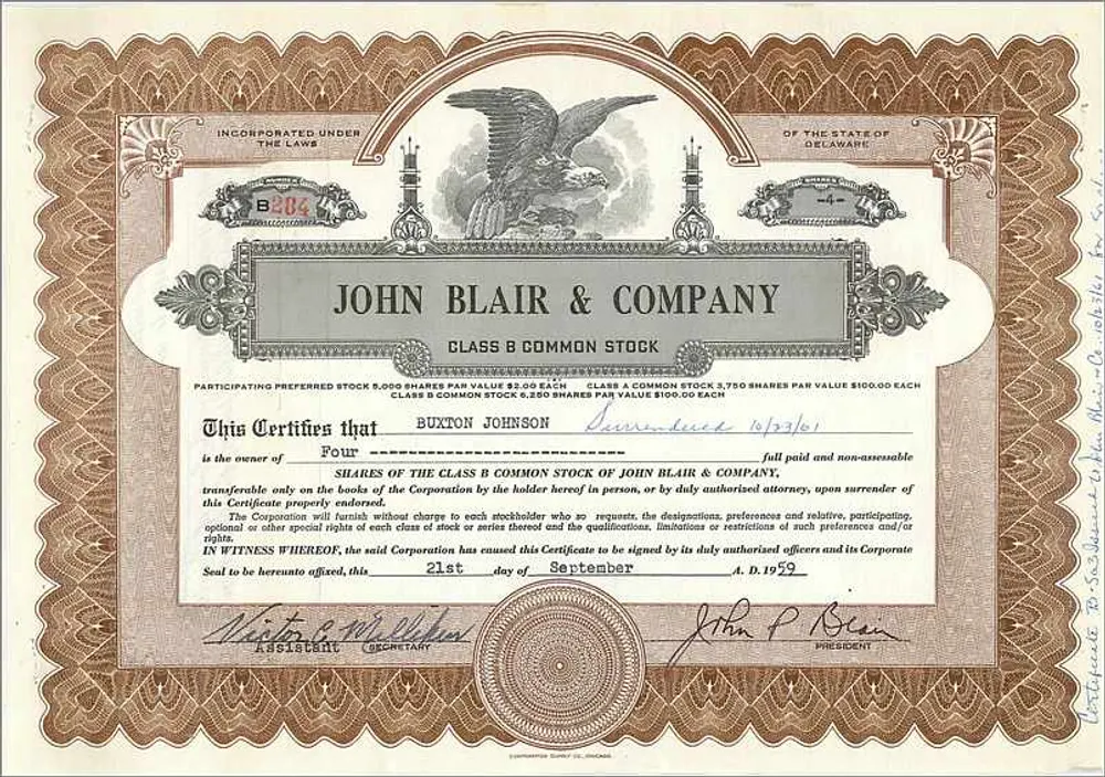 Certificado de ações da John Blair & Company — Buxton Johnson — 21 de setembro de 1959 - Frente