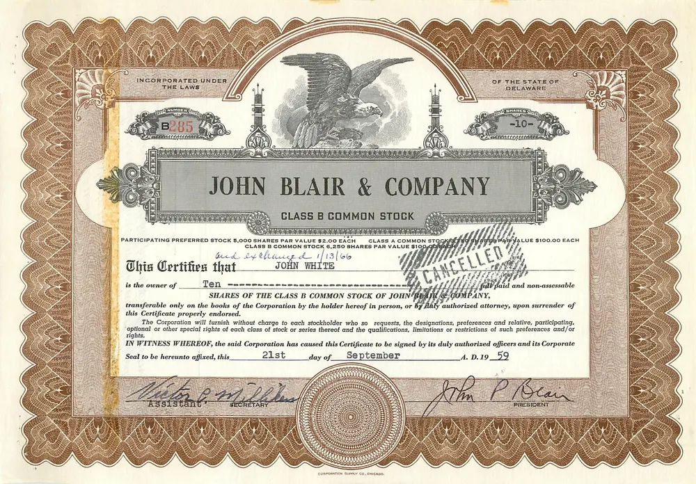 Certificado de ações da empresa John Blair & Company — Delaware — n° B285 - Frente