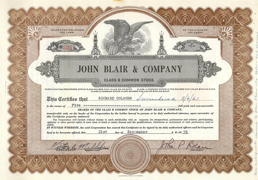 Certificado de acciones de la sociedad John Blair & Company — Delaware — serie B286 - Anverso