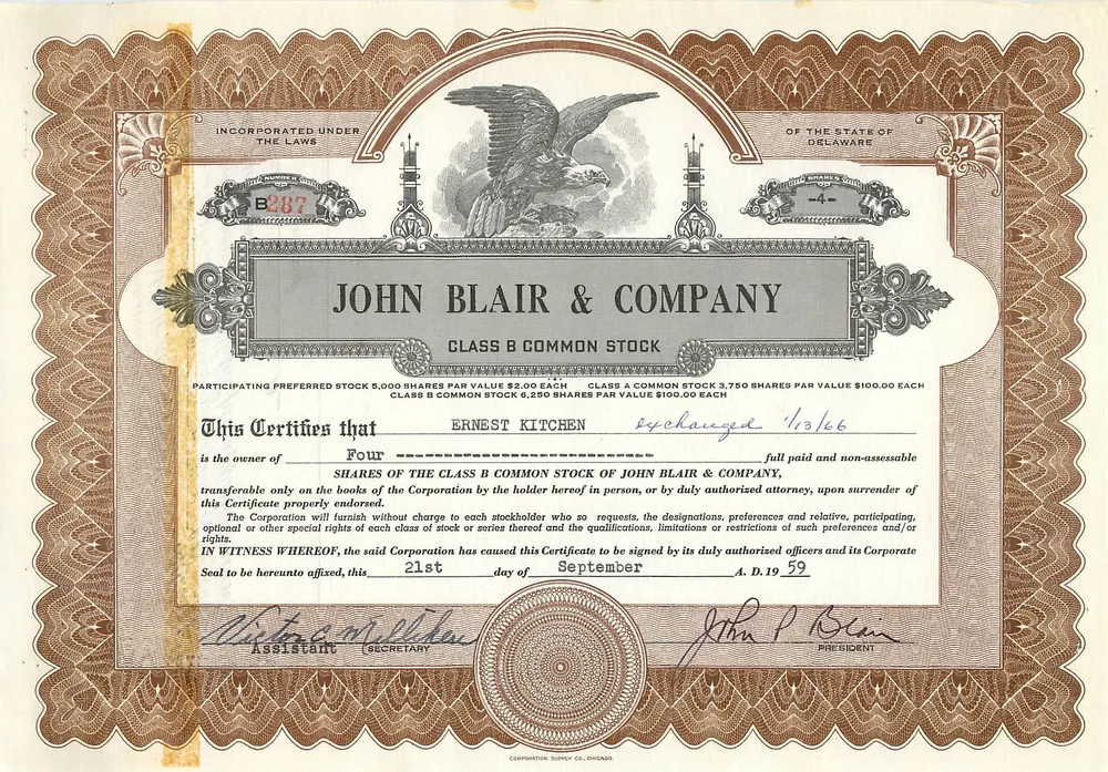 Certificado de ações da John Blair & Company — Classe B — editor Corporation Supply Co. Chicago - Frente