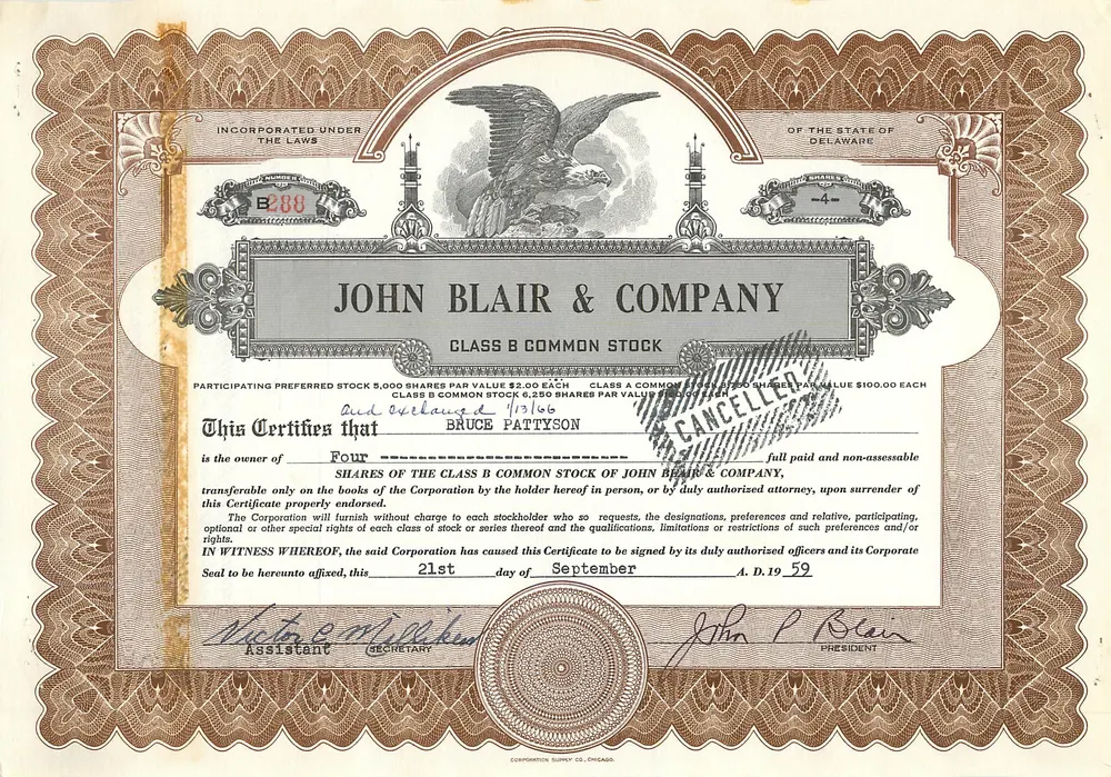 Certificado de ações da empresa John Blair & Company — Delaware — série B — n° B280 - Frente