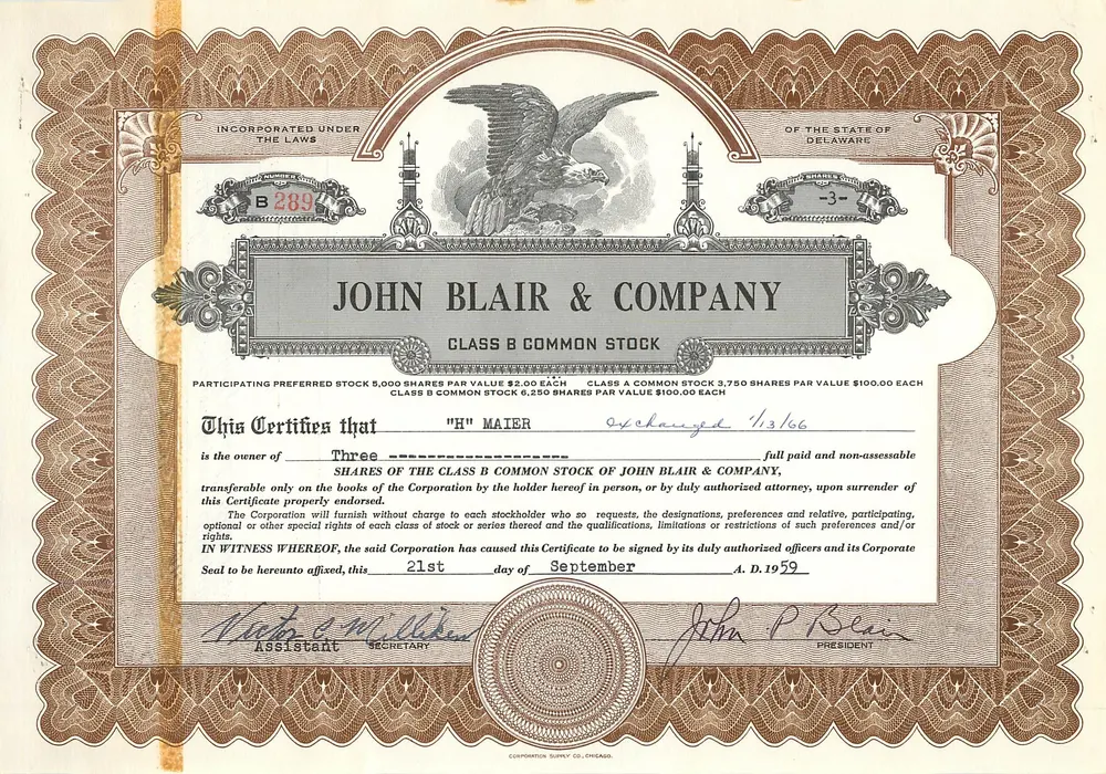 Certificado de ações da empresa John Blair & Company — Delaware — n° B289 - Frente
