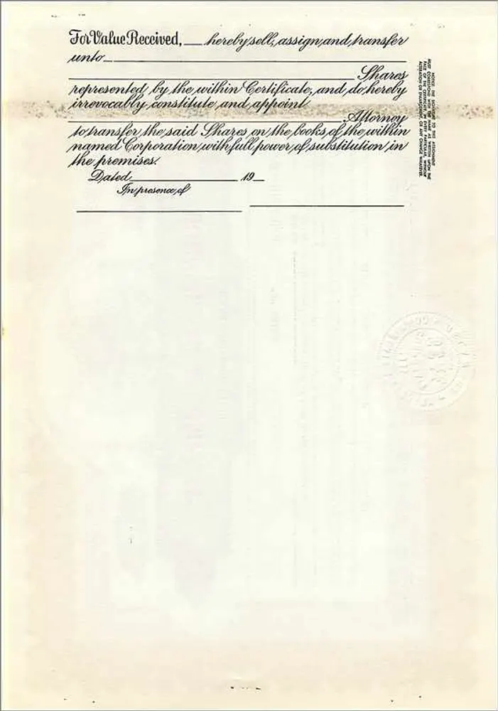 Certificado de ações da empresa John Blair & Company — Delaware — n° B289 - Verso