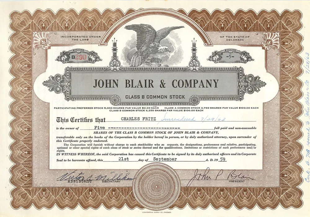 John Blair & Company — Acción de la clase B — Corporación de Delaware - Anverso