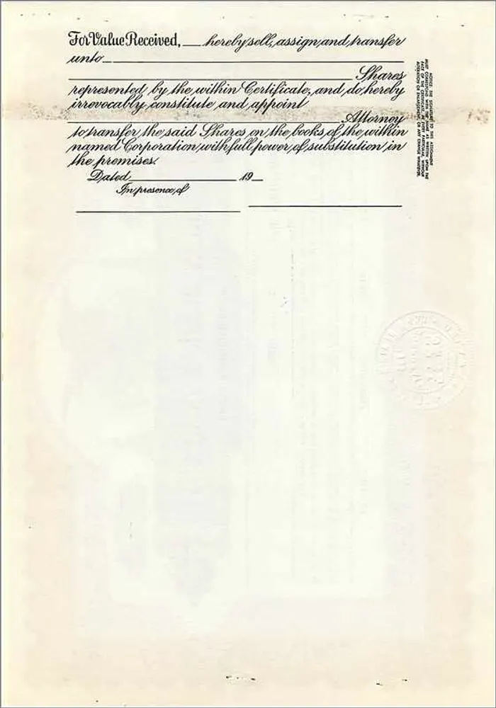 Certificado de ações da empresa John Blair & Company — Delaware — n° B291 - Verso