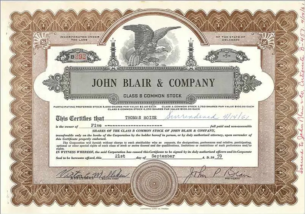 Ação da empresa John Blair & Company — 5 ações da classe B — datada de 21 de setembro de 1959 - Frente