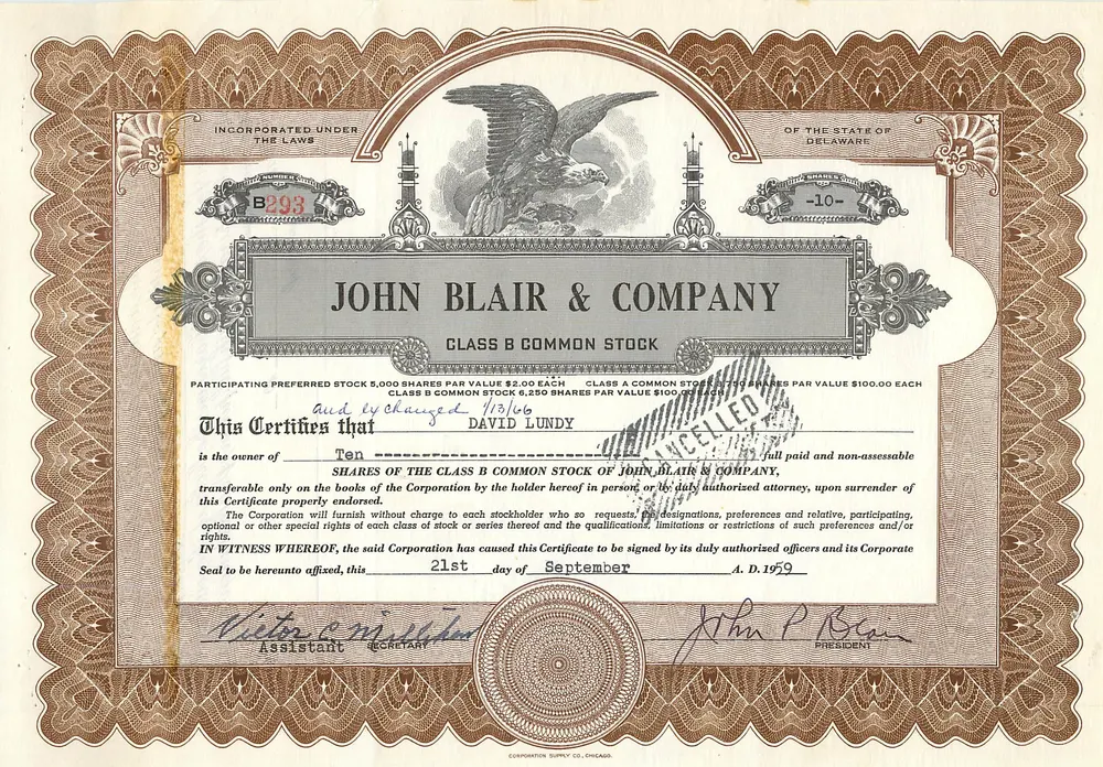 Certificado de ações da empresa John Blair & Company — Delaware — n° B293 - Frente