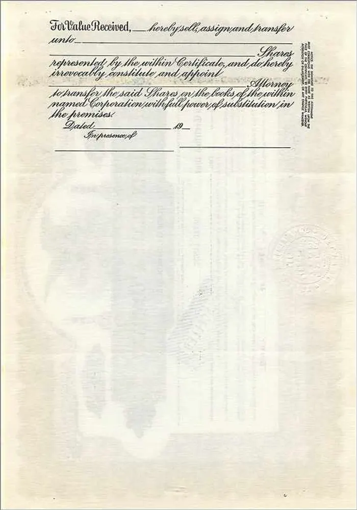Certificado de ações da empresa John Blair & Company — Delaware — n° B293 - Verso