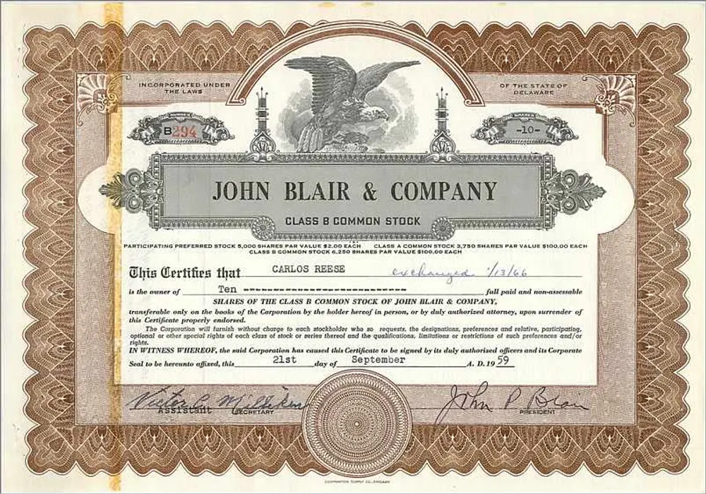 Certificado de ações da empresa John Blair & Company — Delaware — n° B294 - Frente